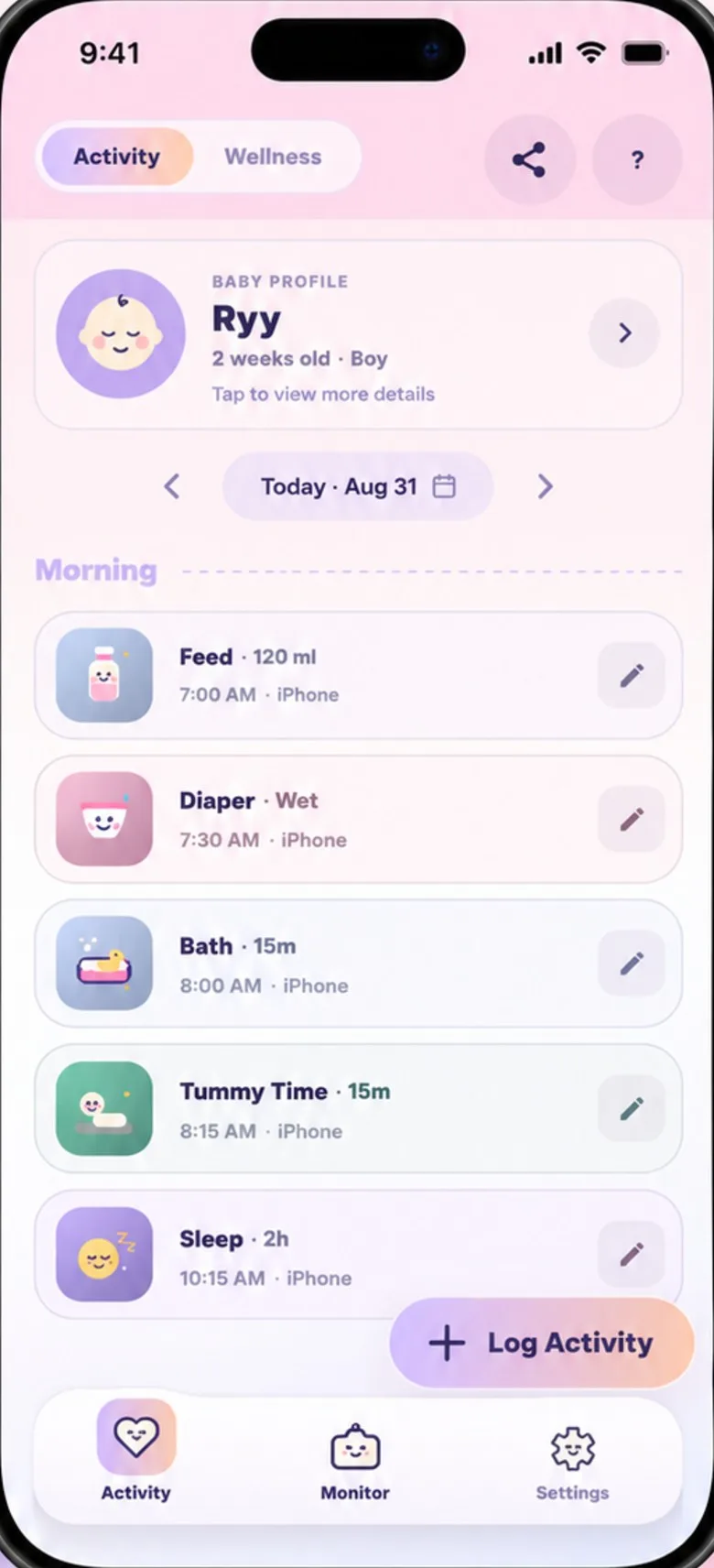 Baby's Day In Activity screen: today's feeds, nappies, bath, tummy time and sleep
