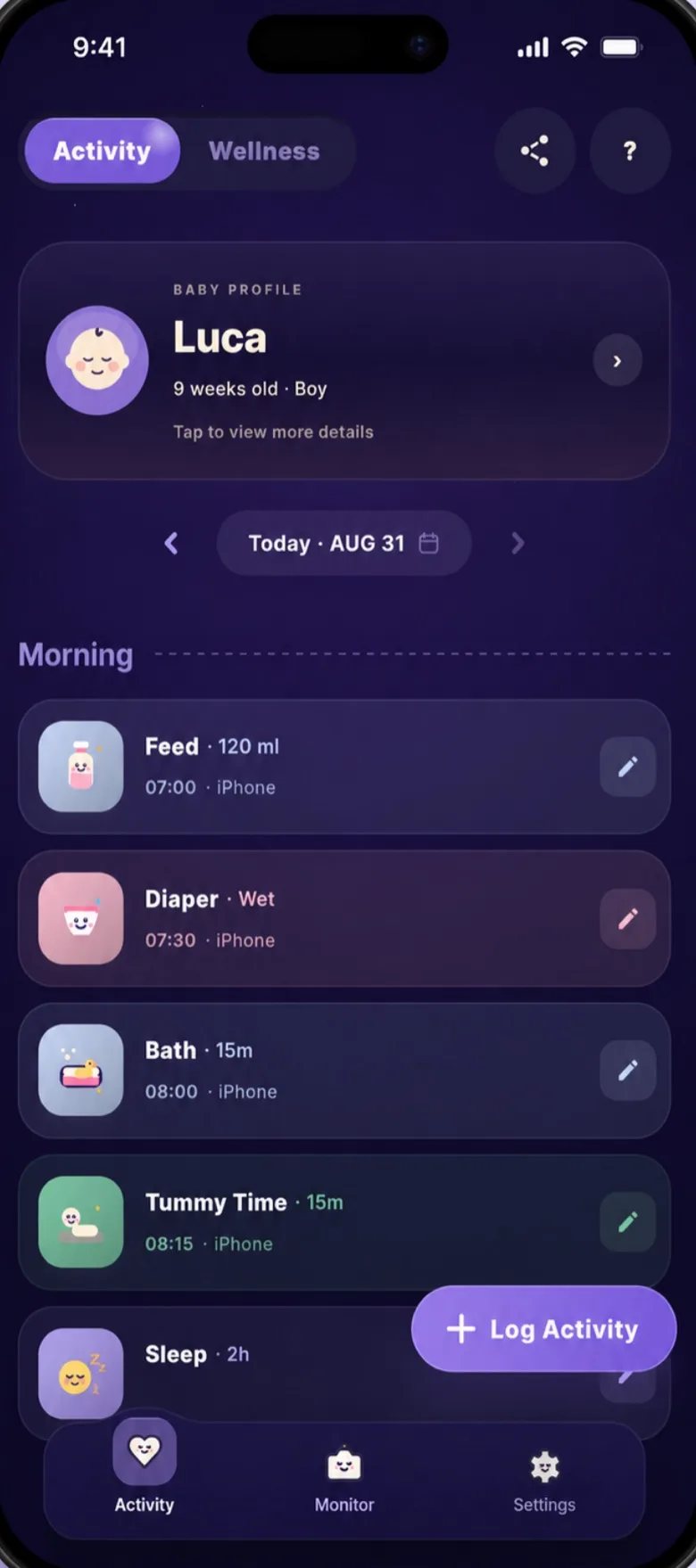 Baby's Day In Activity screen: today's feeds, nappies, bath, tummy time and sleep