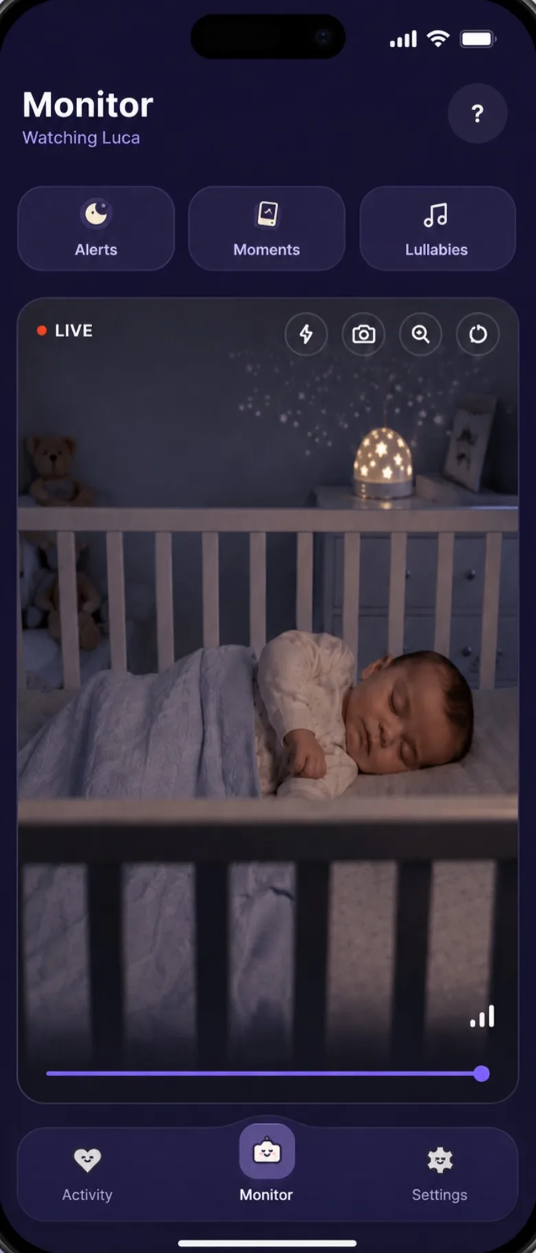 Baby's Day In Monitor screen: live video of the nursery, with the baby asleep in the crib