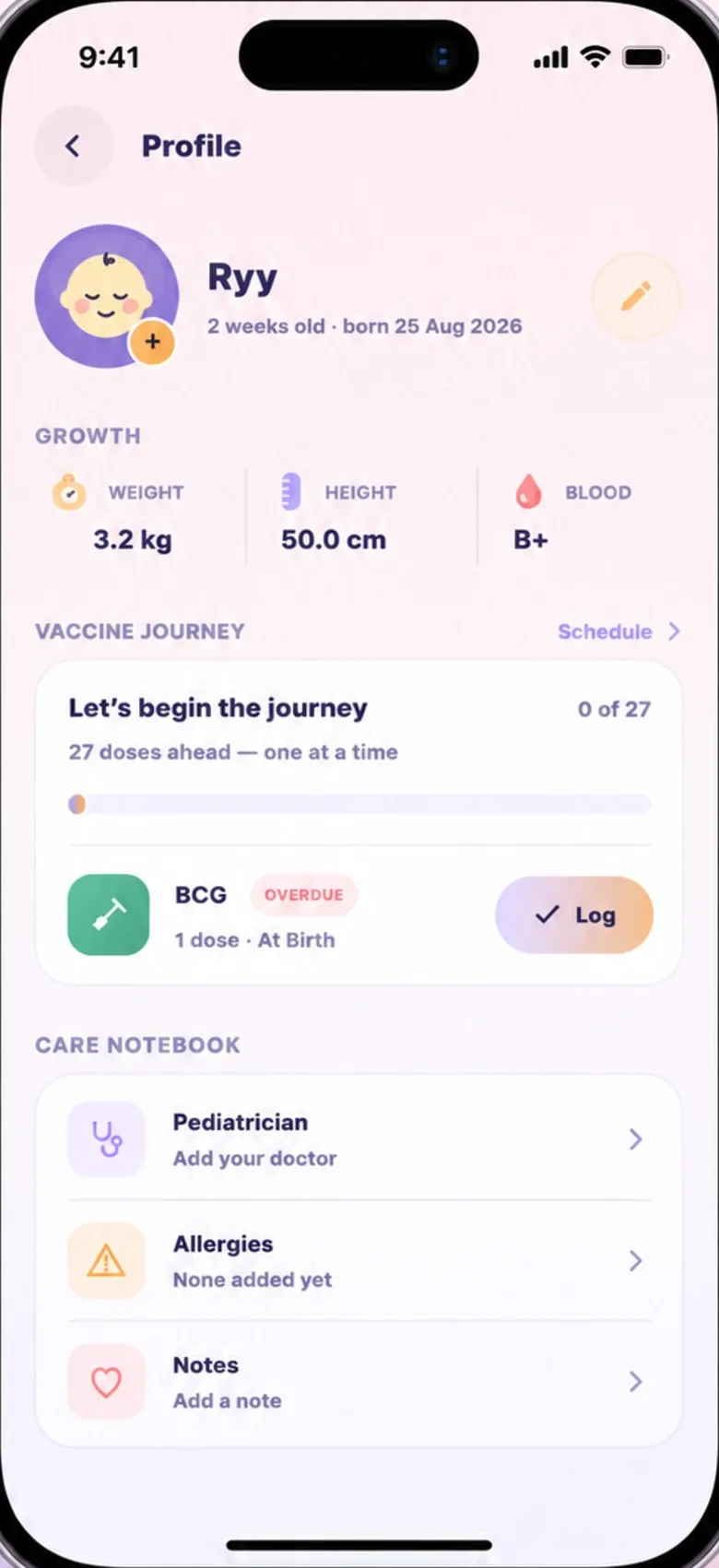 Baby's Day In profile screen: growth, the vaccine journey and the care notebook