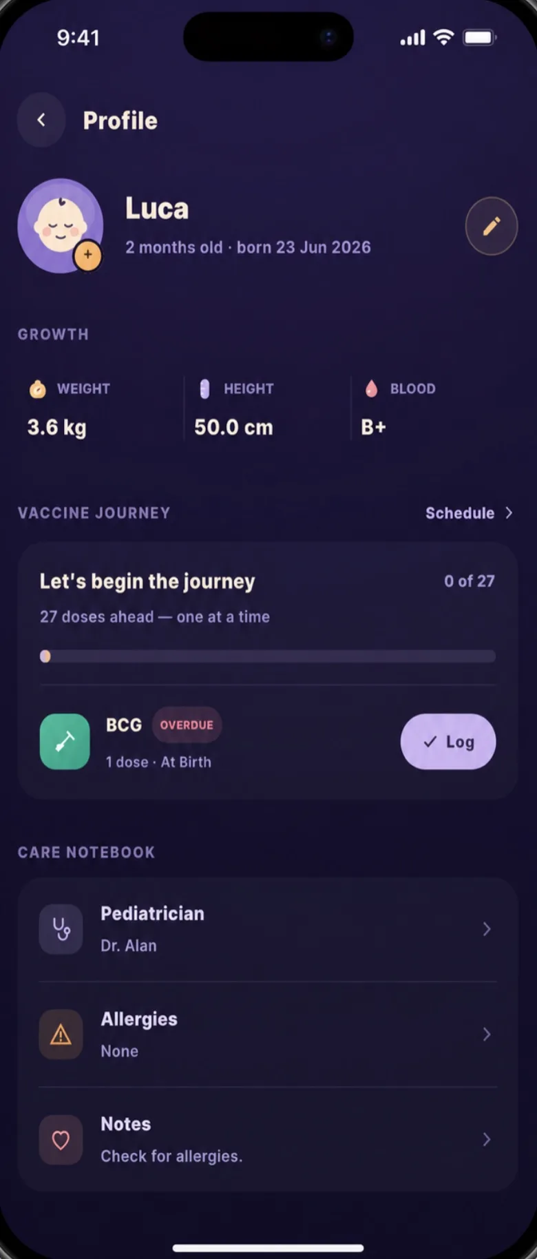 Baby's Day In profile screen: growth, the vaccine journey and the care notebook